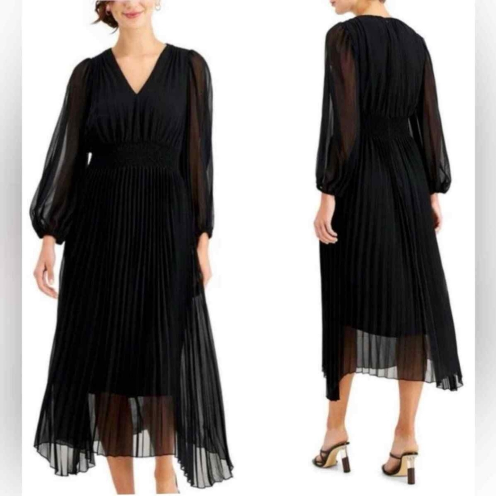 Taylor black pleated skirt and long sleeve dress with v neck. Midi length chiff